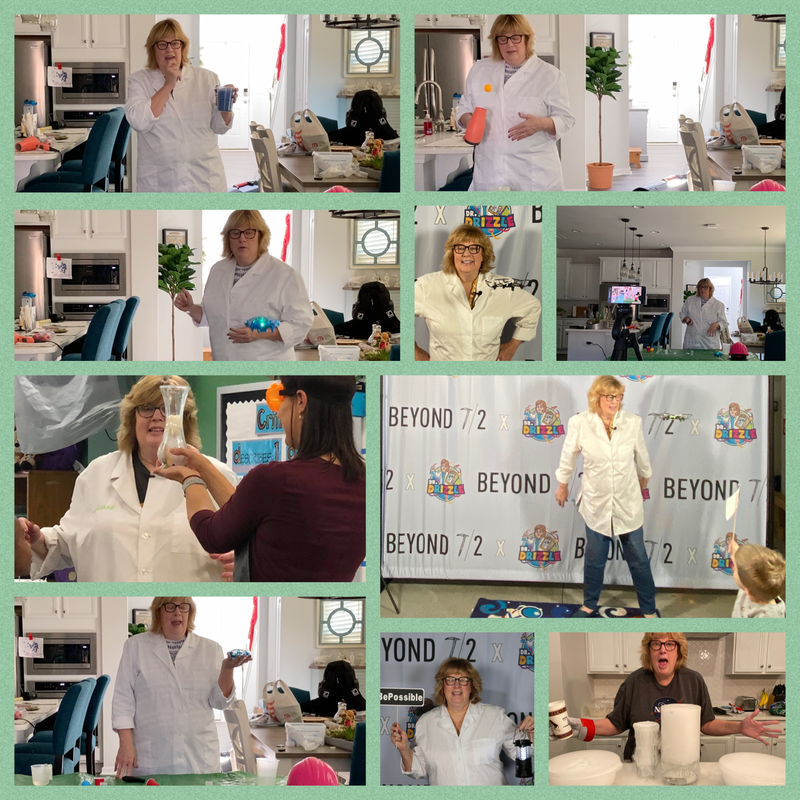 Photo collage with light green borders holding numerous action pictures of educational specialist Dacia, Dr.Drizzle, Jones wearing a white lab coat as she teaches adults and children.